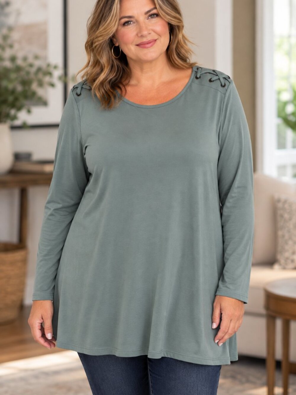 J.Jill Pima Cotton XL Laced Shoulder Tunic Top Long Sleeve Sage Green Casual